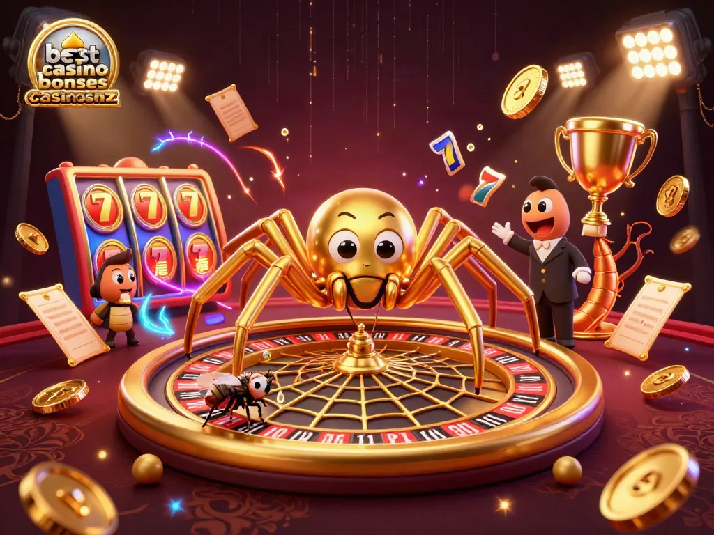 A golden web roulette with a spider and fly illustrating best casino bonuses casinosnz in a vibrant casino scene.
