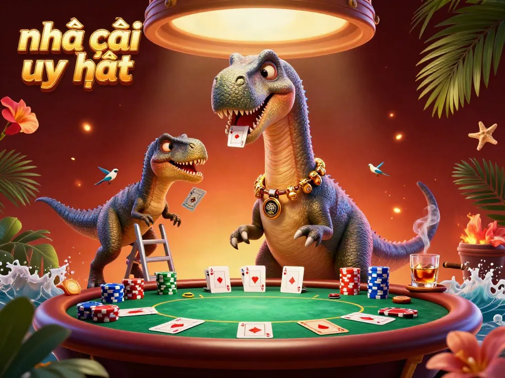 Experience thrilling gaming action at Nhà cái uy tín with a colorful casino scene featuring a giant brontosaurus.