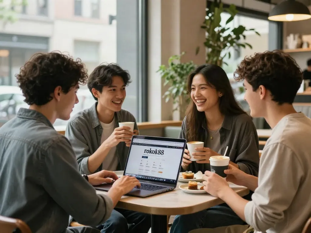 People enjoying coffee while using rokok88 website in a modern café.