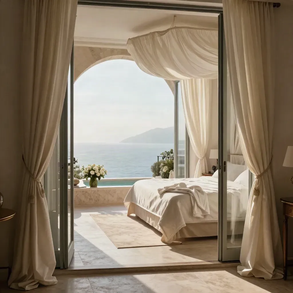 Suite vista mare con tende di seta, vasca in travertino e porte aperte sul terrazzo.