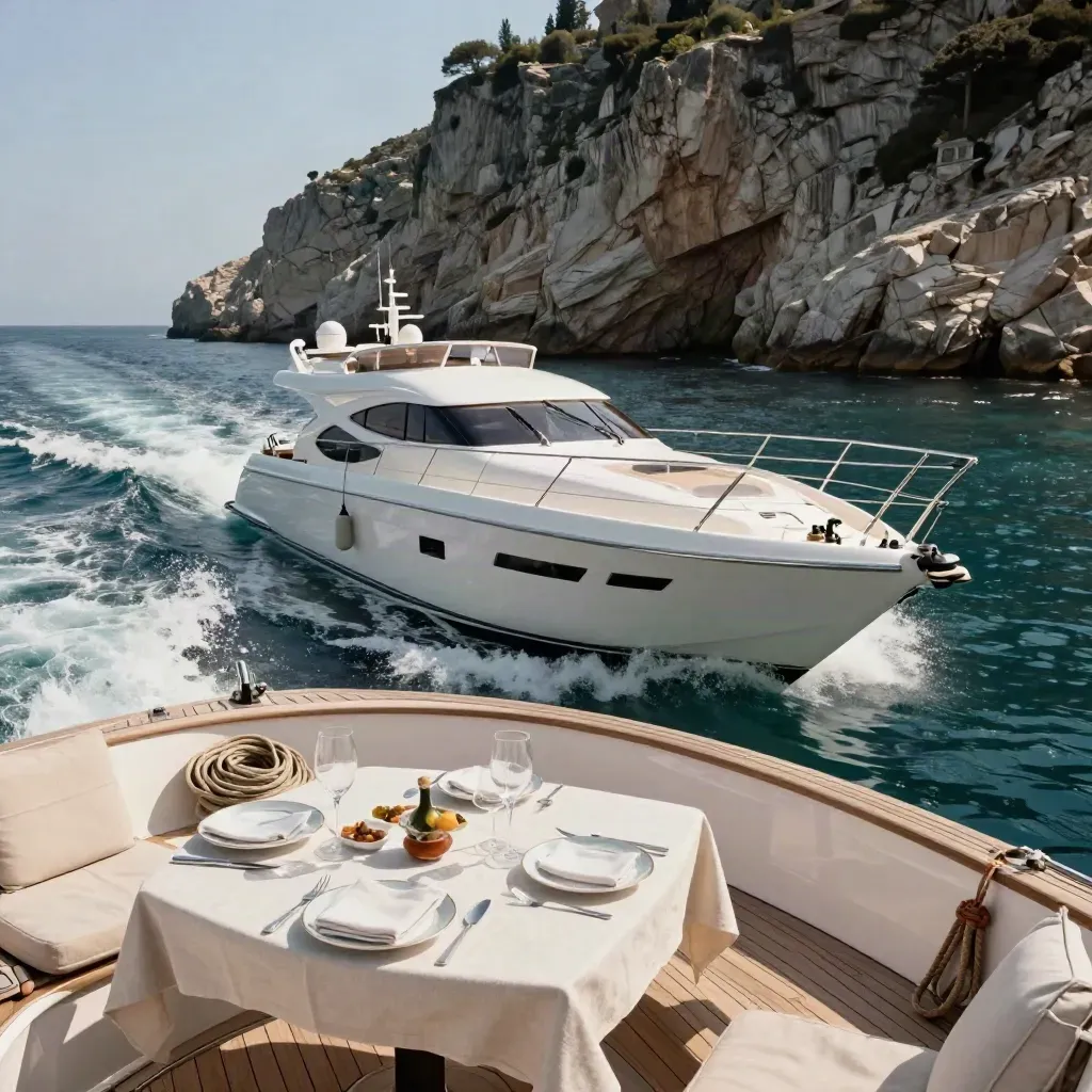 Yacht bianco in corsa in una cala ligure con tavola apparecchiata e scia d’acqua
