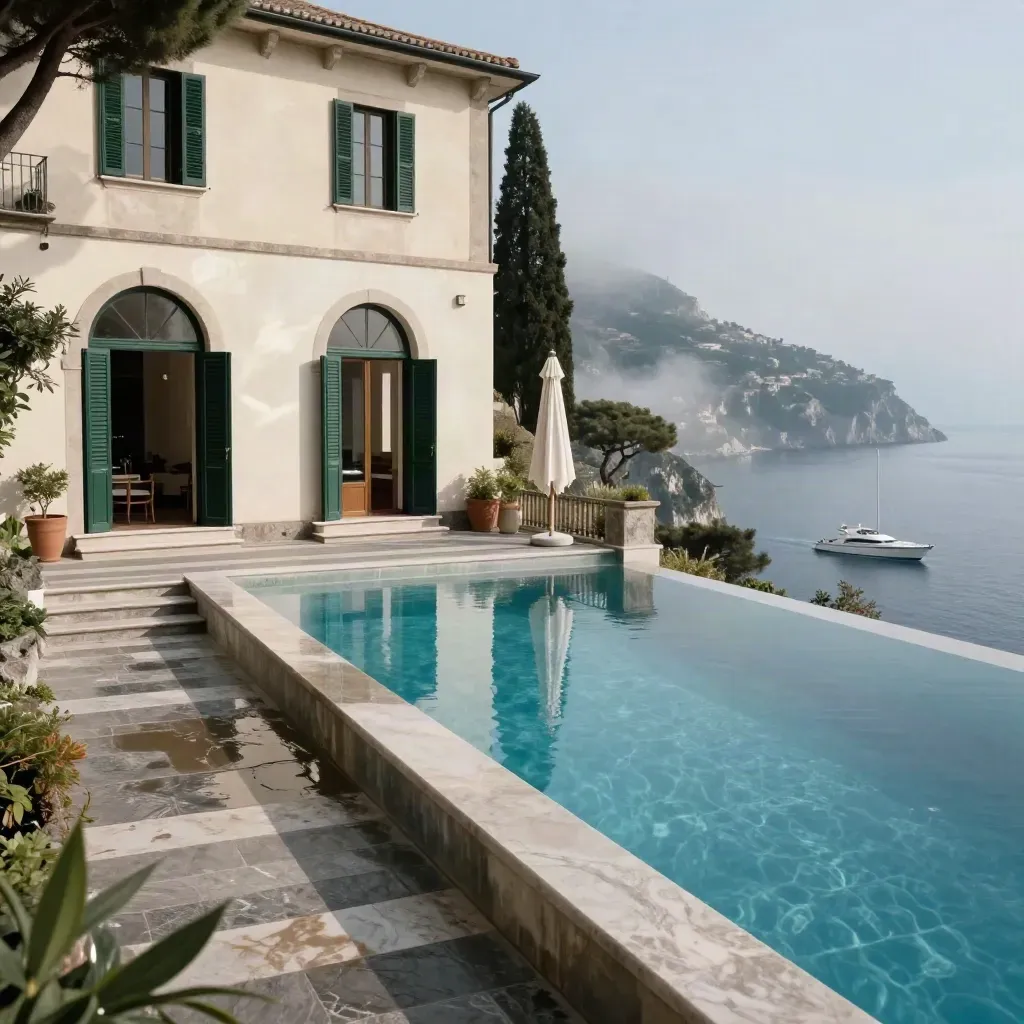 Villa privata a Portofino con piscina a sfioro, terrazza in pietra e yacht sul mare.