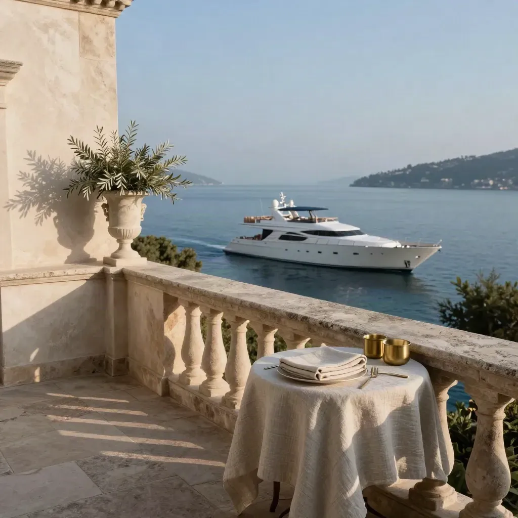 Terrazza privata a Portofino al blue hour con yacht, balaustra in pietra e vasi d’ulivo
