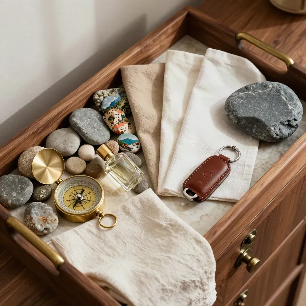 Flat lay di itinerario luxury con bussola in ottone, campioni lino, pietre e fiala profumo.