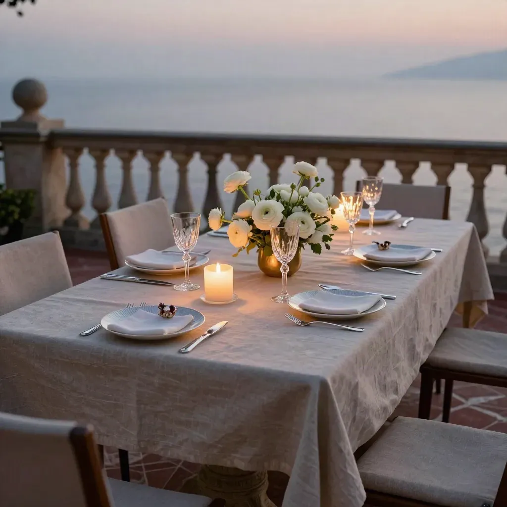 Tavolo privato a lume di candela con fiori bianchi e vista mare al tramonto