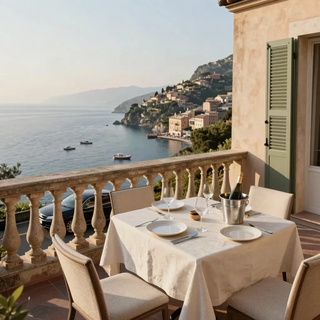 Terrazza di villa a Portofino con tavolo pronto e berlina nera nel vialetto, mare sotto.