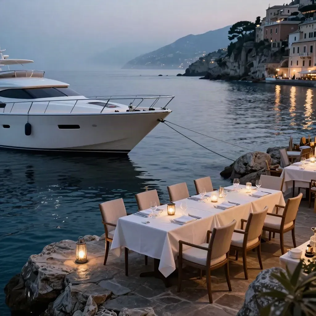 Yacht bianco e terrazza riservata sul mare a Camogli, al tramonto