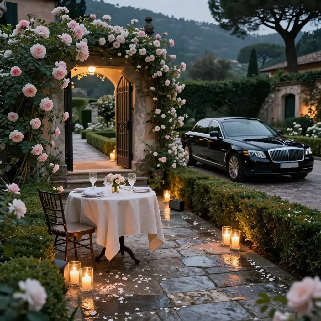 Allestimento serale in villa a Rapallo con rose, candele, tavolo per due e sedan nera al cancello.