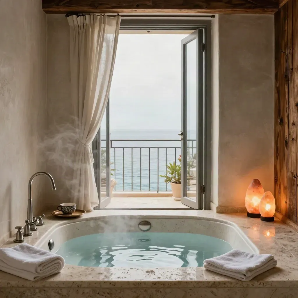Suite spa con vasca fumante, asciugamani piegati, lampade di sale e vista mare a Sanremo.