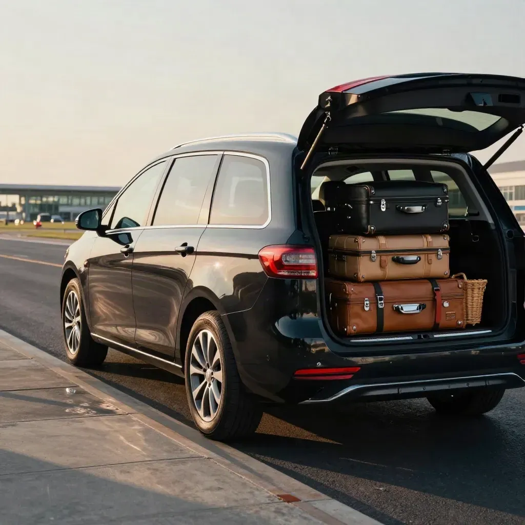 Auto nera e minivan al curb aeroportuale con valigie e cestino picnic, in partenza per la Riviera.