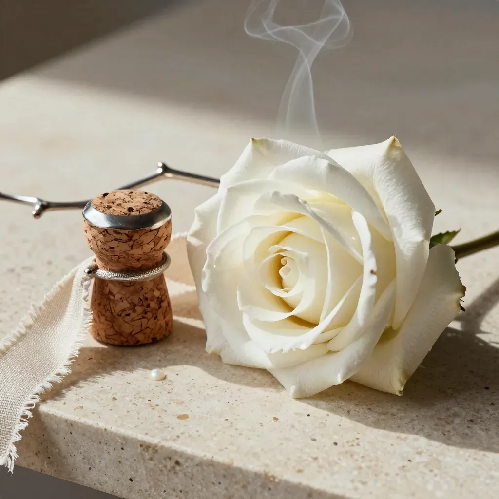 Rosa bianca, cera di candela, tappo champagne e nastro di lino su tavolo in travertino.