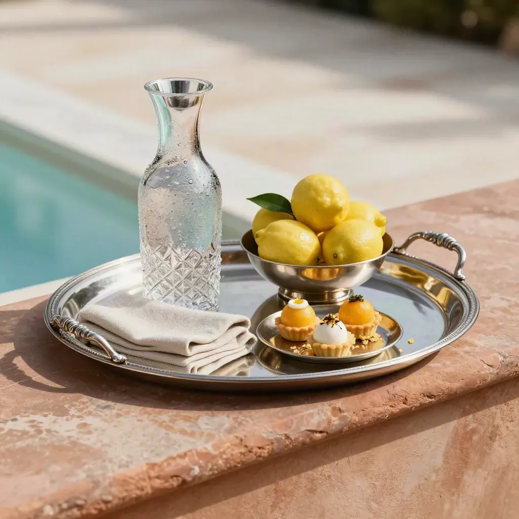 Vassoio d’argento con caraffa di cristallo, limoni, tovaglioli di lino e cloche da dessert.