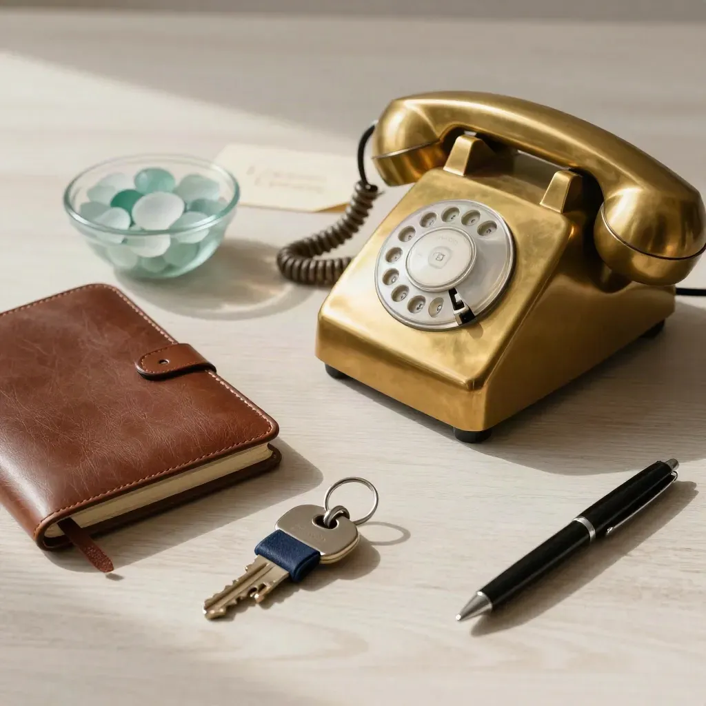 Telefono in ottone, taccuino in pelle e chiavi villa su legno chiaro, luce morbida