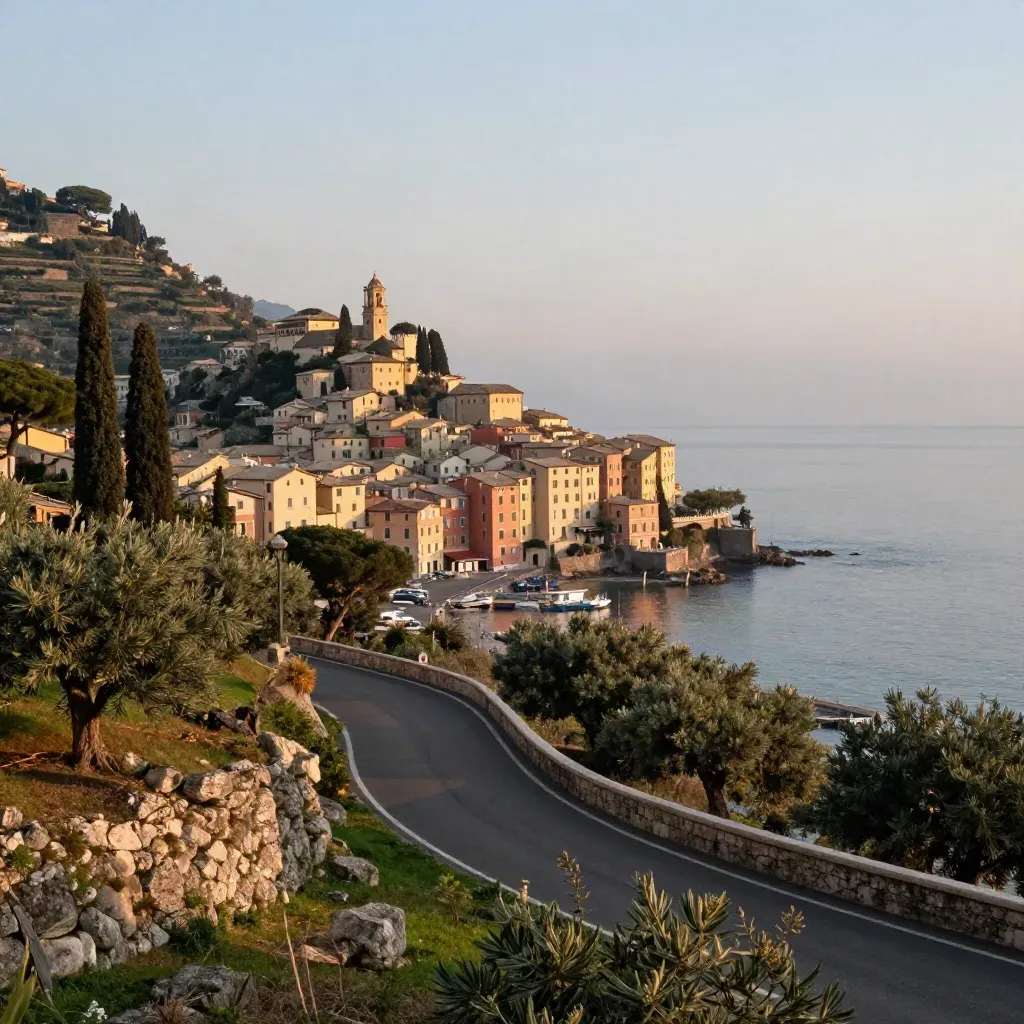 Portofino al tramonto visto dall’alto, case pastello e mare nella foschia dorata
