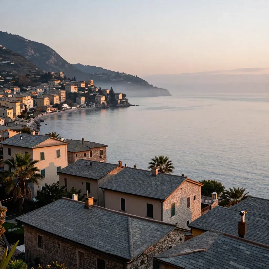 Baia di Camogli al crepuscolo con case in ardesia, palme e foschia marina.
