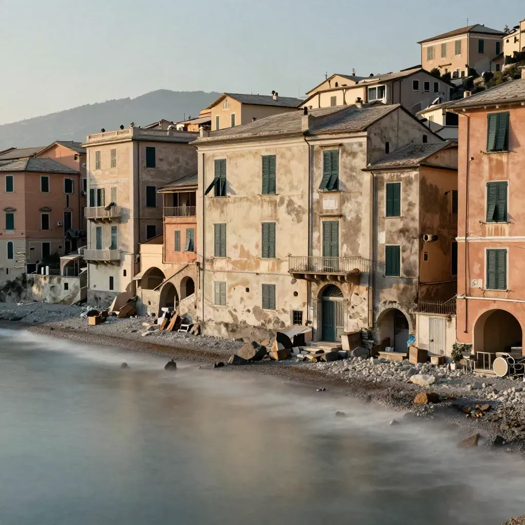Veduta di Boccadasse e costa genovese con facciate ad arco, mare e pietre in ombra.