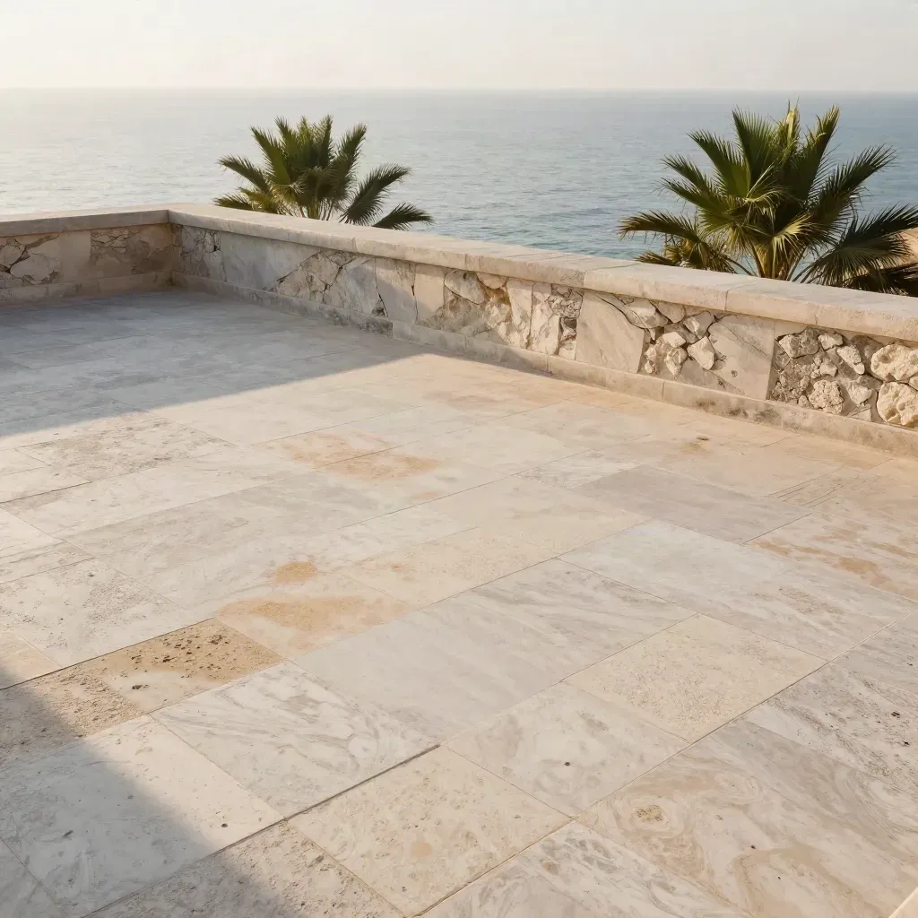 Terrazza in pietra assolata sulla Riviera dei Fiori con palme lontane e mare sfumato