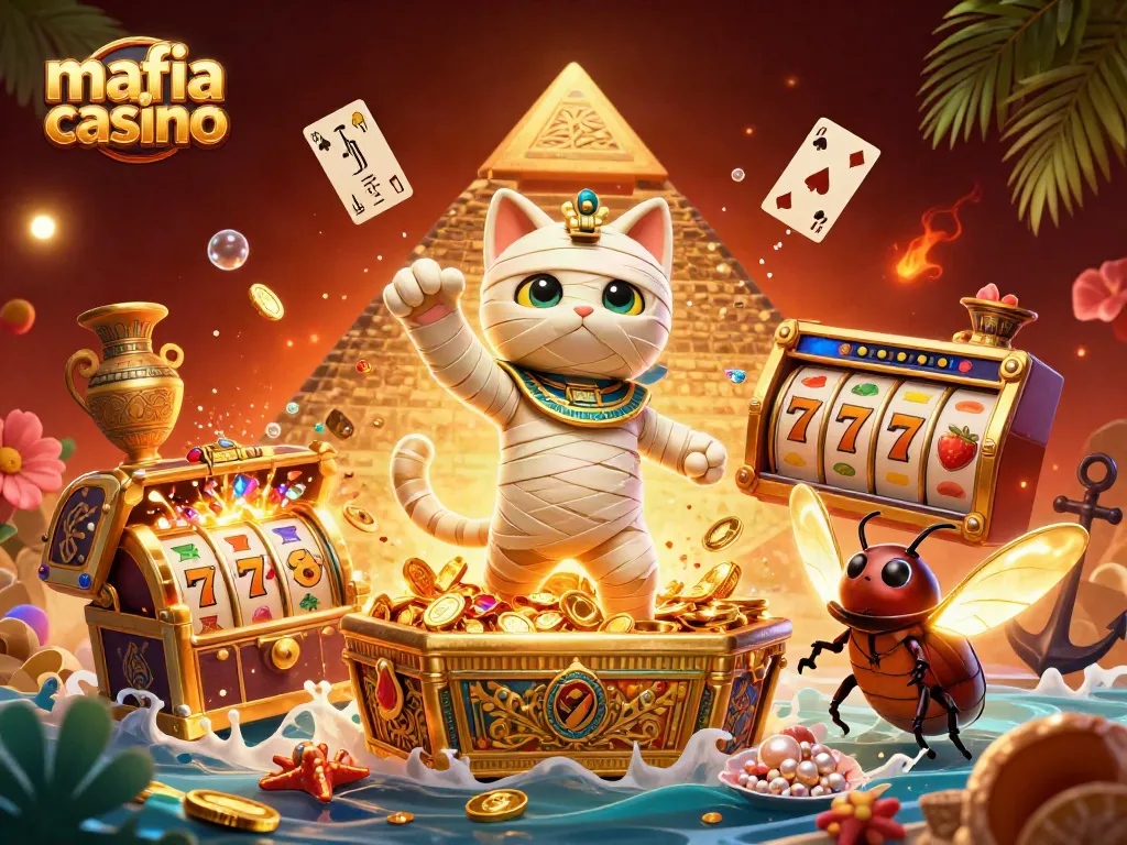 Mafia casino illustration with an Egyptian mummy cat and a scarab beetle in a vibrant pyramid setting