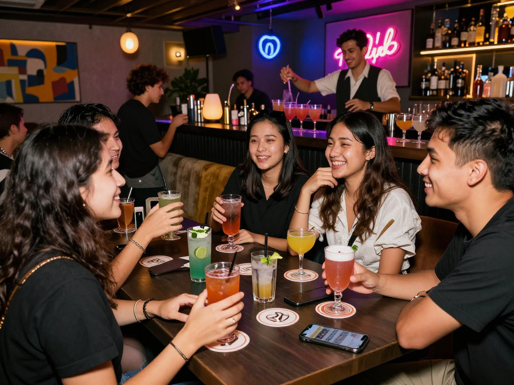 Friends enjoying drinks at a vibrant bar, showcasing the social aspect of sluts ai nightlife.