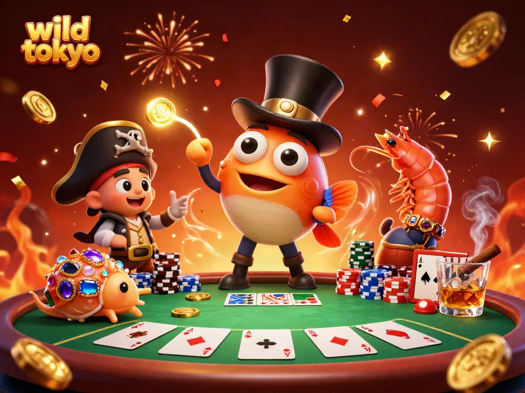 Experience the thrill of wild tokyo casino with a vibrant 3D scene featuring playful sea creatures amidst poker excitement.