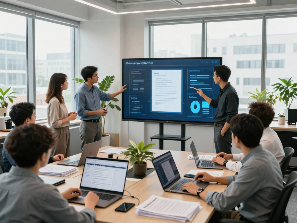 Document fraud detection in a corporate setting with professionals collaborating on digital security tools.