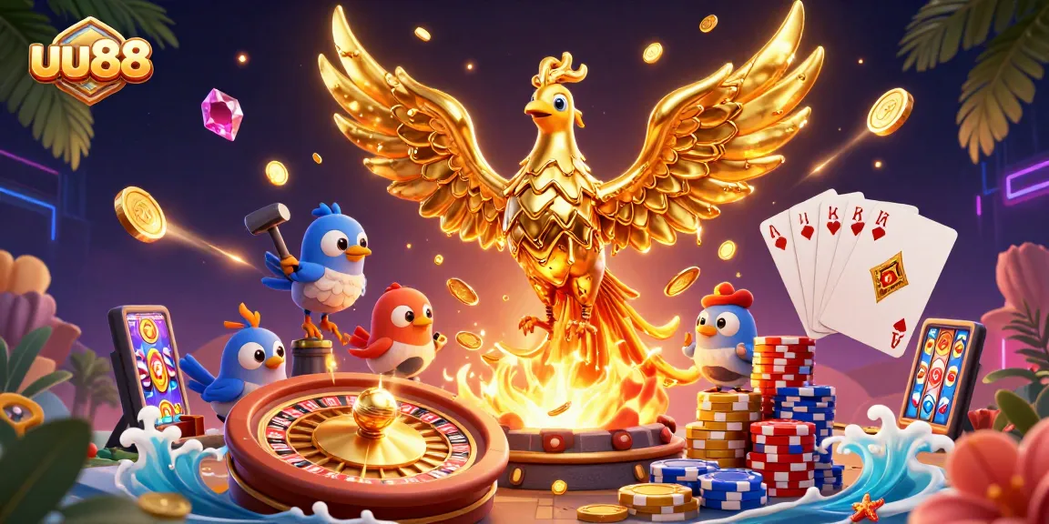 Experience thrilling gameplay with uu88's vibrant phoenix and casino elements in a dynamic illustration.