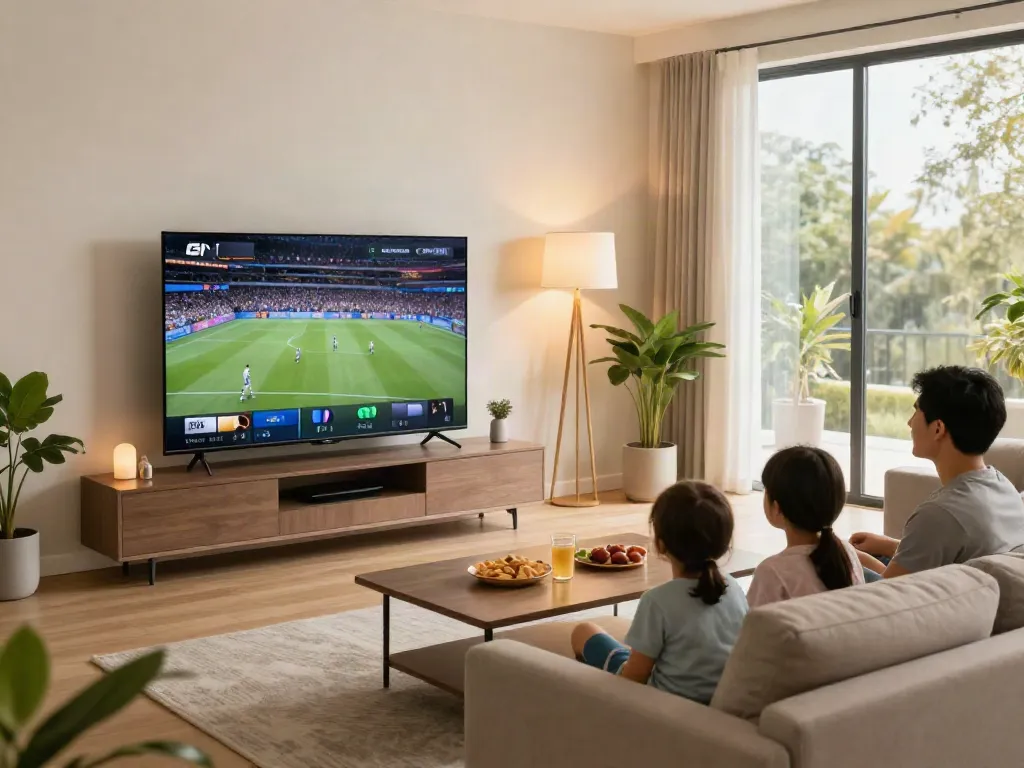 Family enjoying abbonamento IPTV in a cozy living room with snacks and sports on TV.